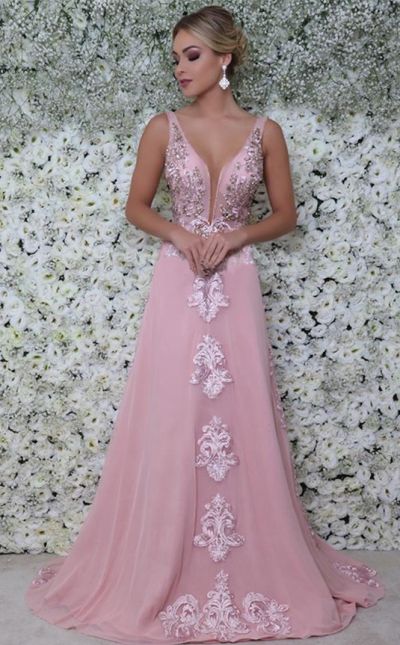 A-line V-neck Sleeveless Sweep / Brush Train Formal Dress With Crystal