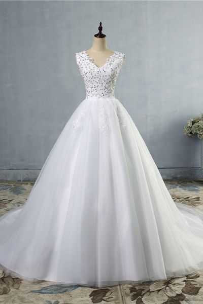 A-line V-neck Sleeveless Floor-length Tulle Bridal Dress With Sequins