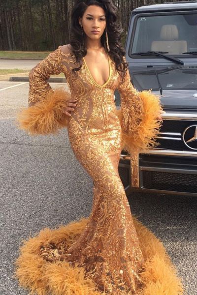 Shiny Gold Appliques Feather Prom Dress | Mermaid Long Sleeve V-neck Evening Gowns -  and