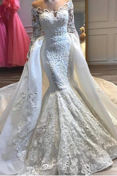 Mermaid Jewel Neck Long Sleeves Detachable Train Lace Wedding Dress With Lace