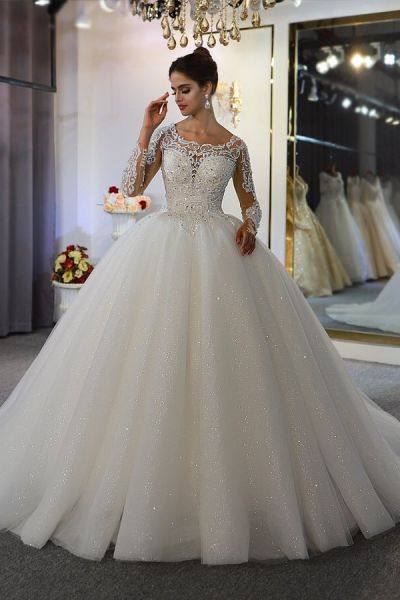A-line Jewel Neck Long Sleeves Chapel Train Tulle Wedding Gown With Lace