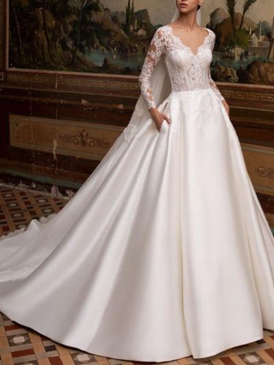 A-line V-neck Long Sleeves Court Train Tulle Wedding Dress With Lace