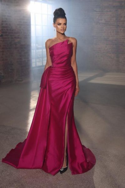 Column Strapless Sleeveless Floor-length Stretch Satin Evening Gown With Ruffles