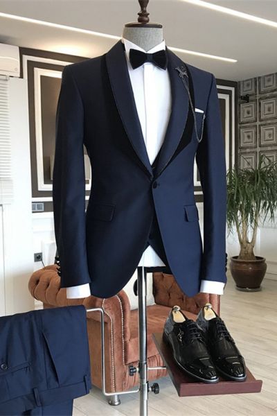 Navy Blue Shawl Lapel One Button Men's Suit for Wedding