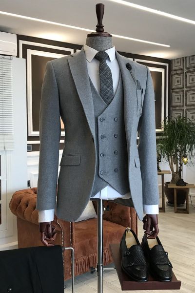 Gray 3-Pieces  Business Men Suit with Notched Lapel