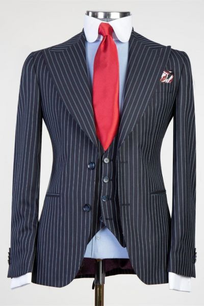 Black Stripe Peaked Lapel Three Pieces Business Men Suit