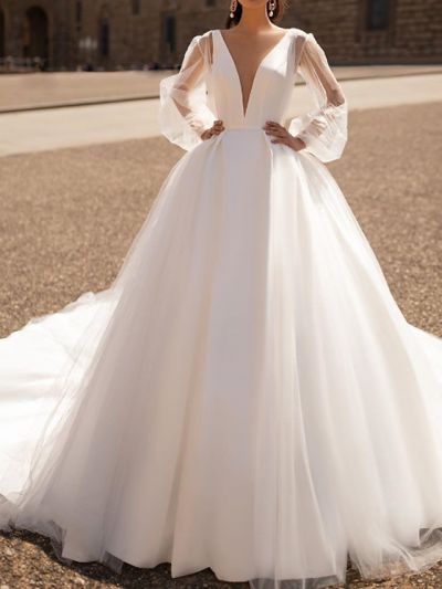 A-line Plunging Neckline Long Sleeves 100D Chiffon Bridal Gown With Court Train