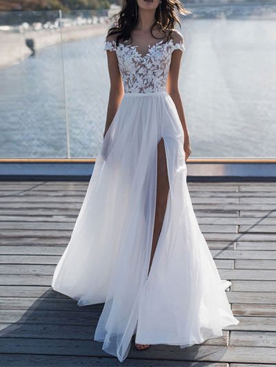 A-line Off-the-shoulder Short Sleeves Court Train Lace Wedding Gown With Lace