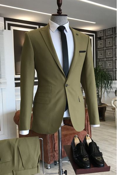 Green Slim Fit Suit with Peaked Lapel
