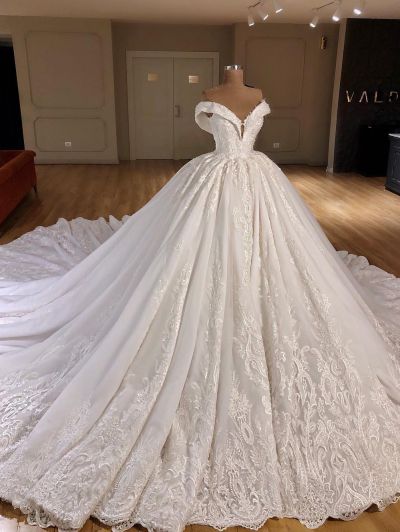 Ball Gown Off-the-shoulder Court Train Bridal Gown With Lace