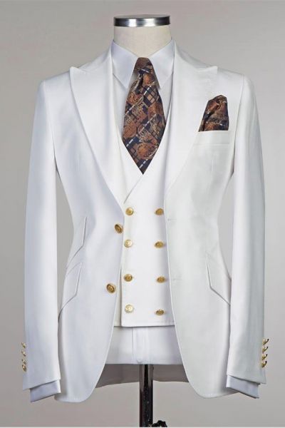 White Single Breasted Slim Fit Wedding Groom Suit with Peaked Lapel