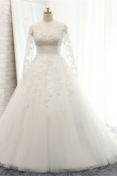 A-line V-neck Long Sleeves Floor-length Tulle Bridal Attire With Lace