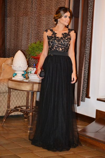 A-line Jewel Neck Short Sleeves Floor-length Tulle Evening Dress With Lace