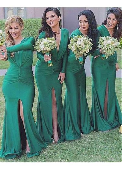 Sheath V-neck Long Sleeves Sweep / Brush Train Bridesmaid Gown With Split Front