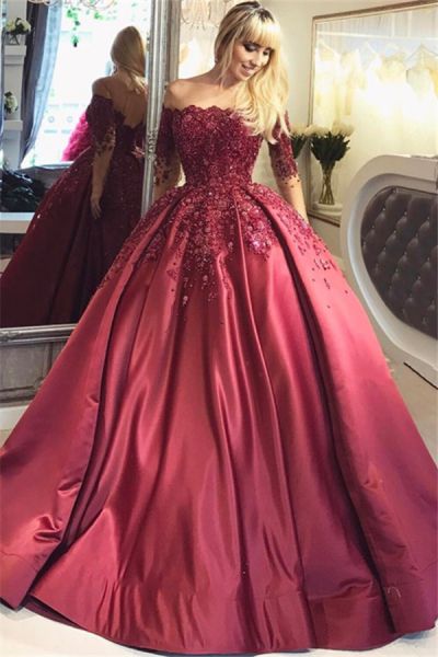 Ball Gown Off-the-shoulder Sweep / Brush Train Satin Formal Dress With Appliques