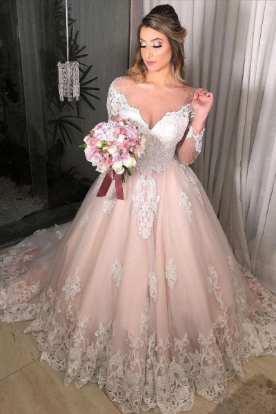 A-line Jewel Neck Long Sleeves Court Train Lace Bridal Dress With Lace