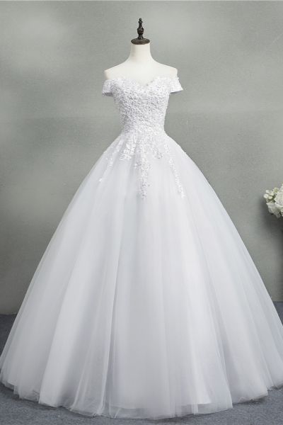 A-line Short Sleeves Floor-length Tulle Wedding Dress With Appliques