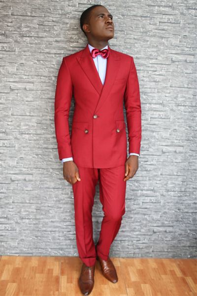 Red Close Fitting Peaked Lapel Prom Men Suit