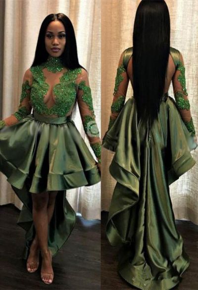 High Neck Hi-Lo Party Dress With Lace