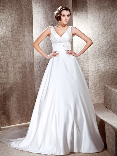A-line V-neck Sleeveless Tulle Wedding Gown With Cathedral Train