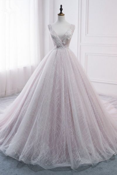 A-line V-neck Sleeveless Floor-length Tulle Bridal Dress With Beading
