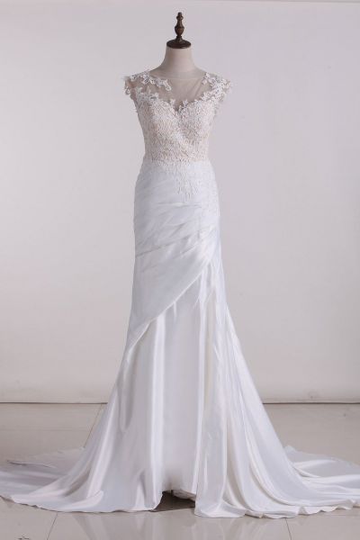 Mermaid Jewel Neck Sleeveless Floor-length Tulle Wedding Dress With Ruffles