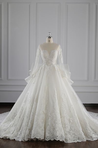 A-line Jewel Neck Long Sleeves Floor-length Tulle Wedding Dress With Sequins
