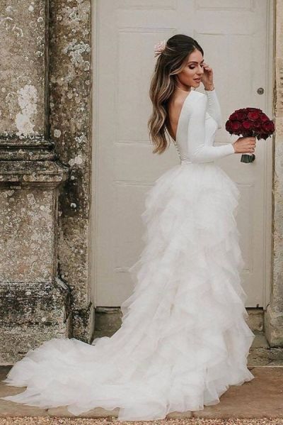 Isadora Long Sleeve Crepe Bodice Wedding Dress with Cascading Ruffle Tulle Skirt