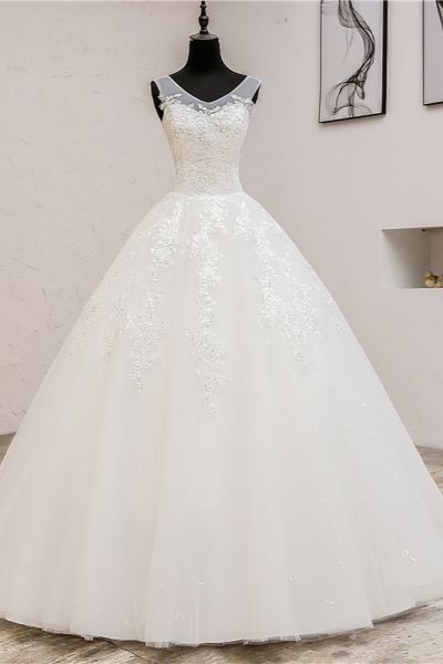 A-line Sleeveless Floor-length Tulle Bridal Dress With Appliques
