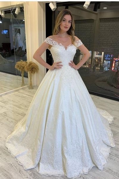 A-line Off-the-shoulder Sleeveless Court Train Lace Wedding Gown With Lace