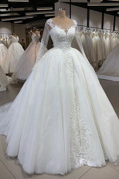 Ball Gown Sweetheart Neck Jewel Neck Long Sleeves Floor-length Tulle Wedding Gown With Appliques