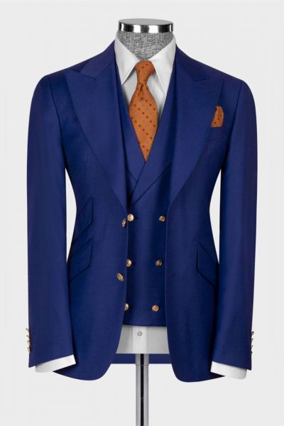 Navy Blue Three Pieces Peaked Lapel Men Business Suit