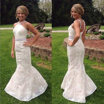 Mermaid Halter-neck Sleeveless Floor-length Wedding Dress With Lace
