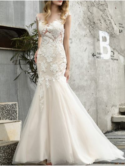 Mermaid V-neck Sleeveless Sweep / Brush Train Tulle Wedding Gown With Buttons