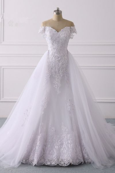 A-line Off-the-shoulder Sweetheart Neck Short Sleeves Floor-length Tulle Wedding Gown With Appliques