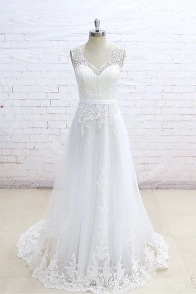 A-line V-neck Sleeveless Sweep / Brush Train Tulle Bridal Gown With Lace