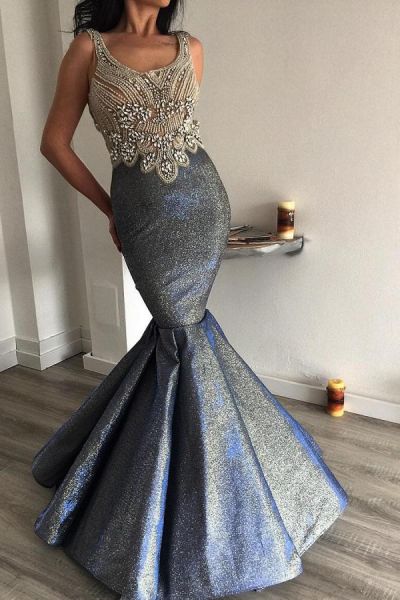 Mermaid Scoop Neck Sleeveless Floor-length Evening Dress With Pearls