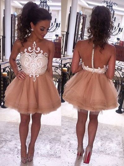 A-line Scoop Neck Sleeveless Mini Tulle Evening Dress With Appliques