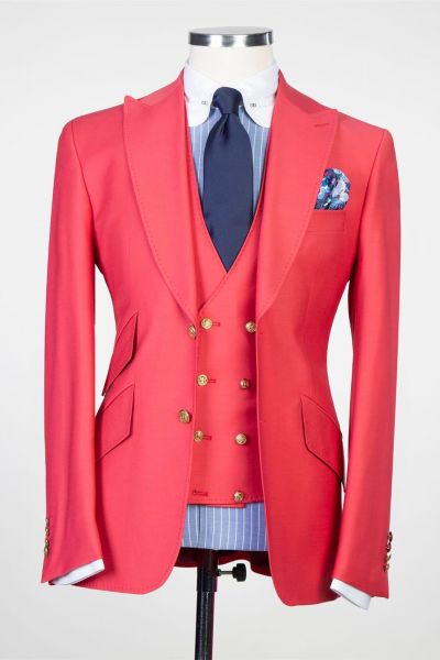 Red Three Pieces Prom Men Suit with Peaked Lapel