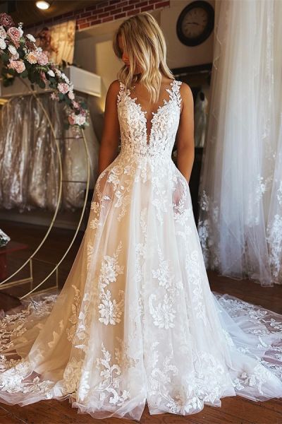 Elowen Floral Lace Applique Plunging V-Neck A-Line Wedding Dress