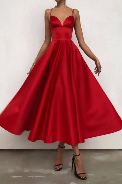 A-line Spaghetti Straps Sleeveless Tea-length Satin Evening Gown With Ruffles