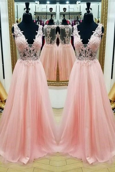 A-line V-neck Sleeveless Court Train Tulle Evening Gown With Beading