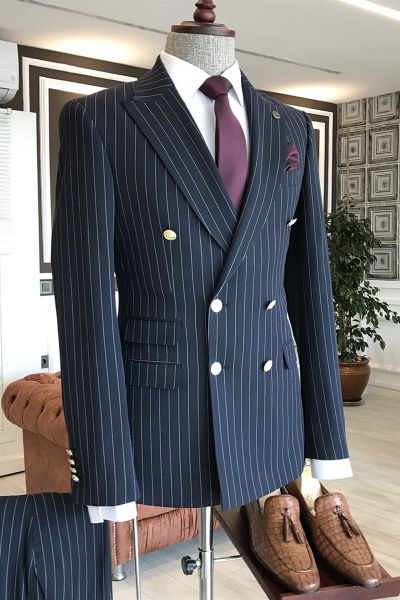 Navy Blue Striped Double Breasted Business Suit