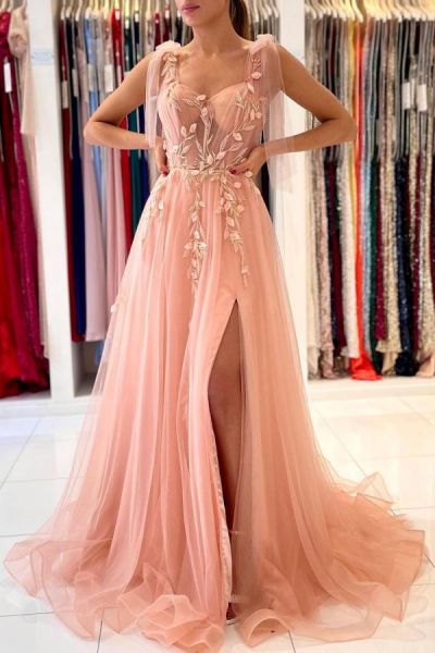 A-line Spaghetti Straps Sleeveless Floor-length Tulle Evening Dress With Lace