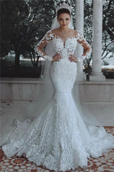Mermaid Scoop Neck Court Train Tulle Bridal Gown With Lace