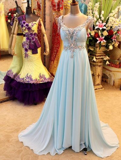 A-line Sleeveless Sweep / Brush Train 100D Chiffon Formal Dress With Crystal