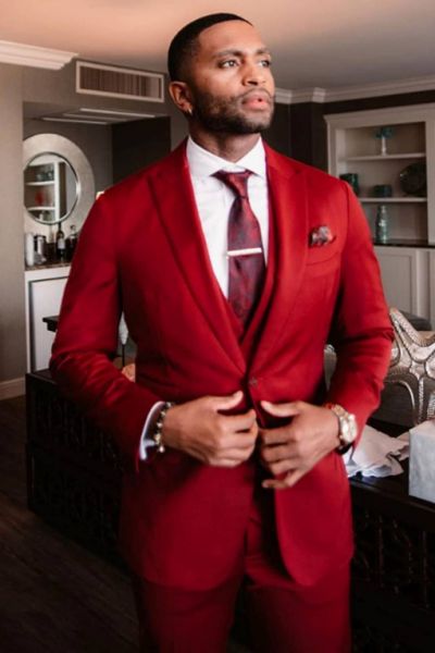 Red Three Pieces Velvet Peaked Lapel Men Suit