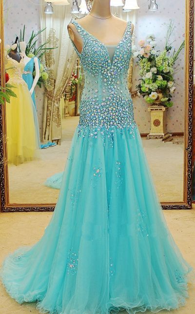 Mermaid Sleeveless Sweep / Brush Train Organza Formal Dress With Crystal