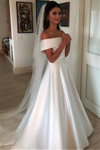 A-line Off-the-shoulder Sleeveless Sweep / Brush Train Bridal Gown With Bow