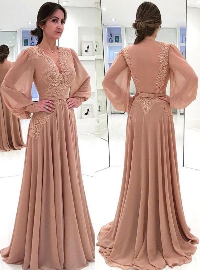 A-line V-neck Long Sleeves Sweep / Brush Train 100D Chiffon Formal Dress With Lace